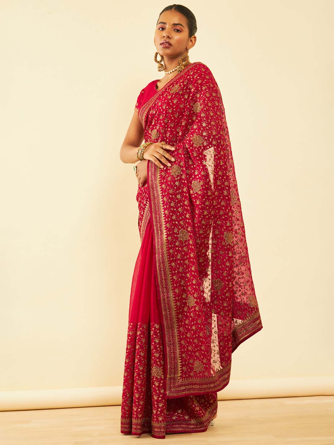 Soch Pink Floral Embroidered Zari Pure Chiffon Saree - Distacart