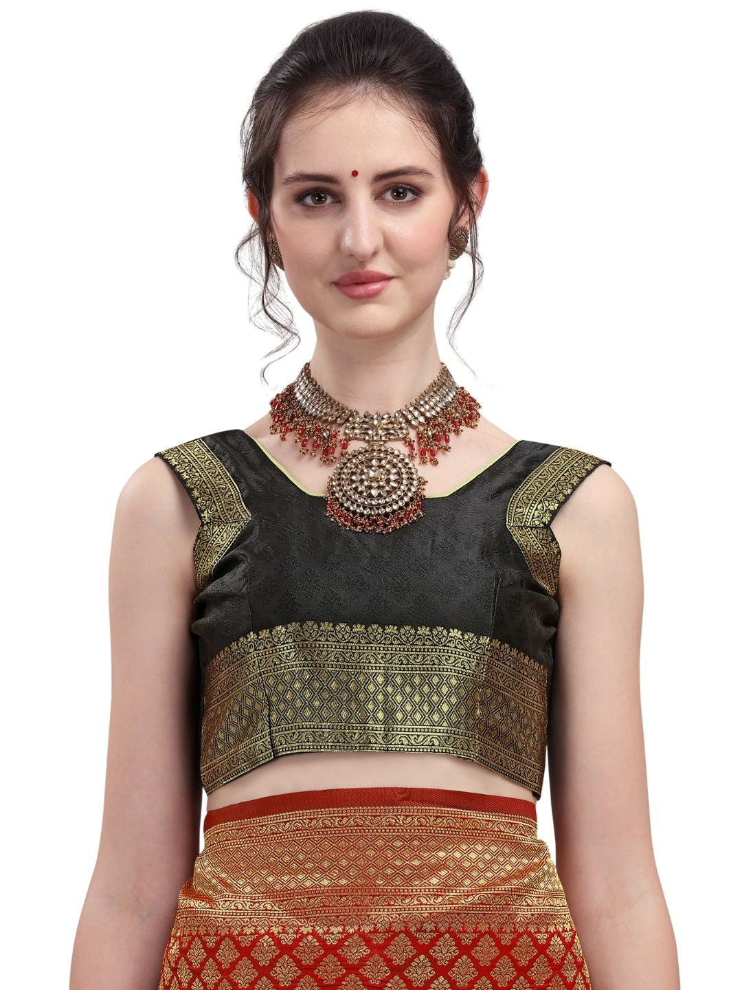 Kalini Red & Black Ethnic Motifs Silk Blend Half and Half Kanjeevaram Saree - Distacart