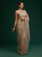 Thumbnail for Koskii Green & Pink Embellished Gotta Patti Supernet Saree - Distacart
