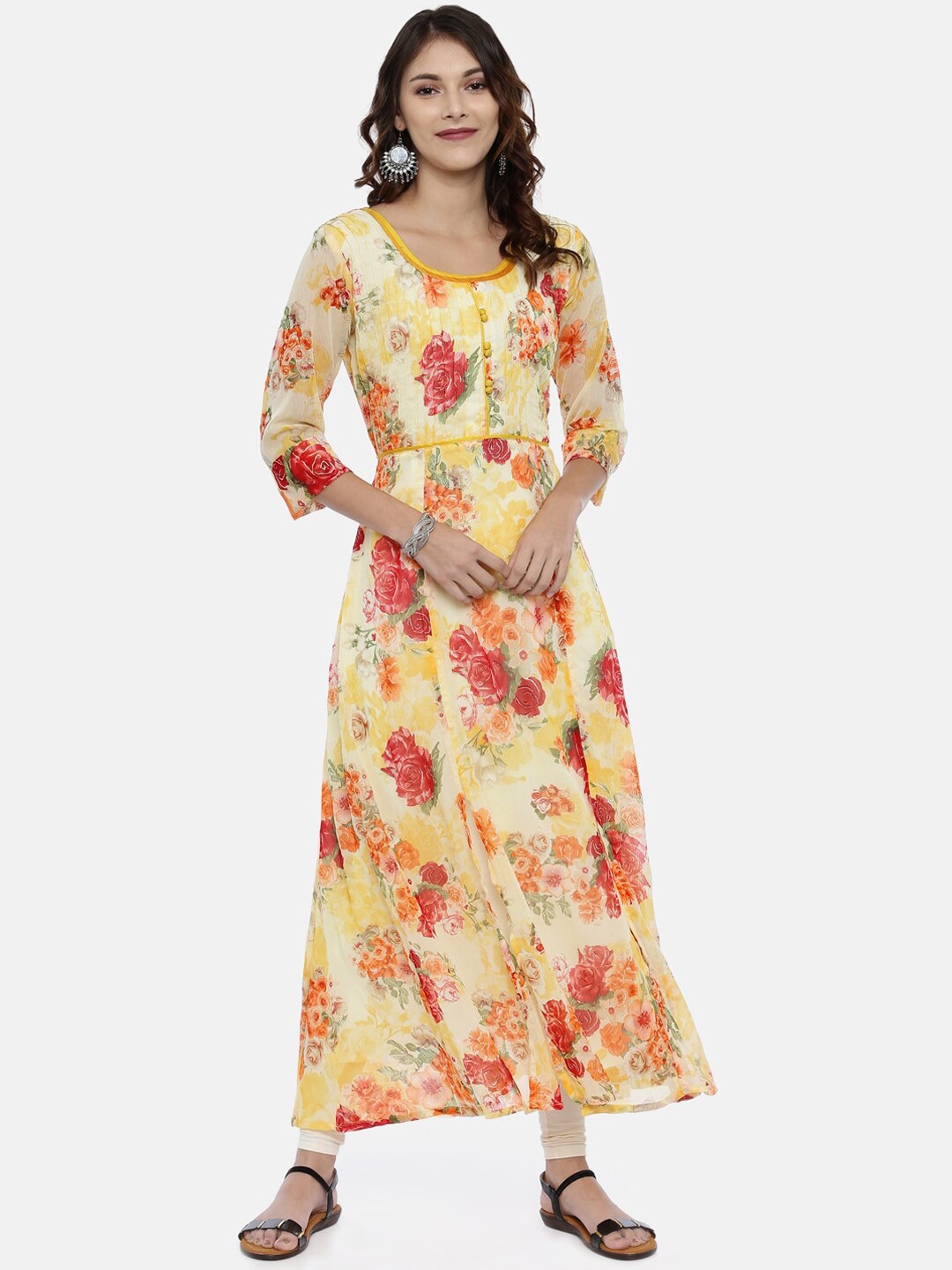 Souchii Yellow Printed A-Line Kurta - Distacart