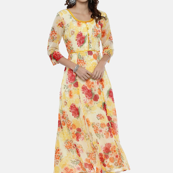 Souchii Yellow Printed A-Line Kurta - Distacart