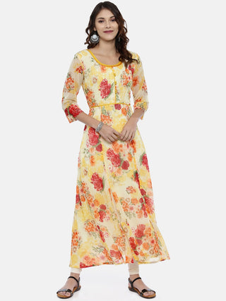 Souchii Yellow Printed A-Line Kurta - Distacart