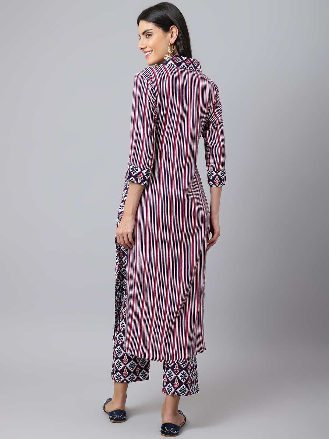 Khushal K Striped Shawl Collar Straight Kurta with Palazzos - Distacart