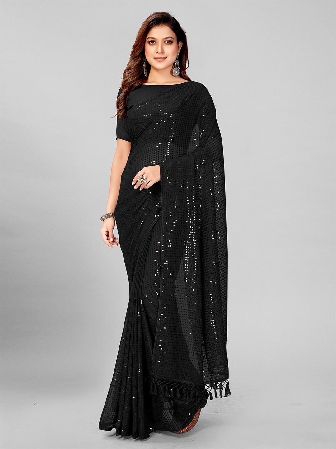 Mitera Black Sequin Embellished Pure Georgette Saree - Distacart