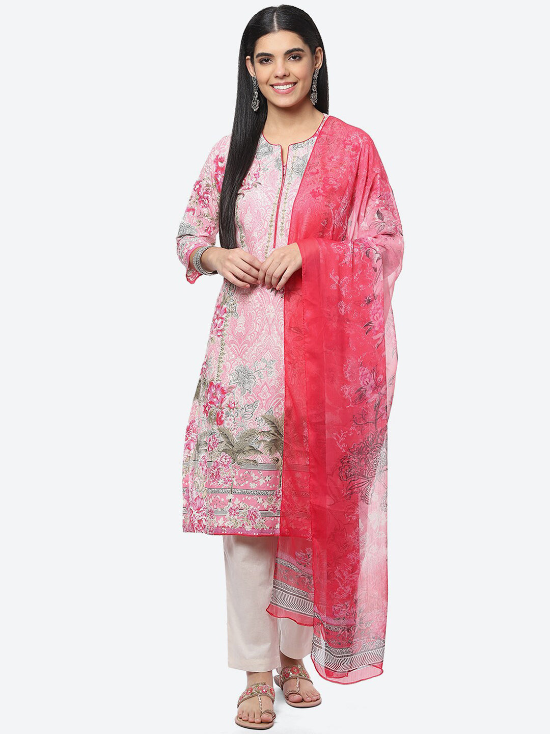 Biba Women Floral Printed Kurta with Trousers & With Dupatta - Distacart