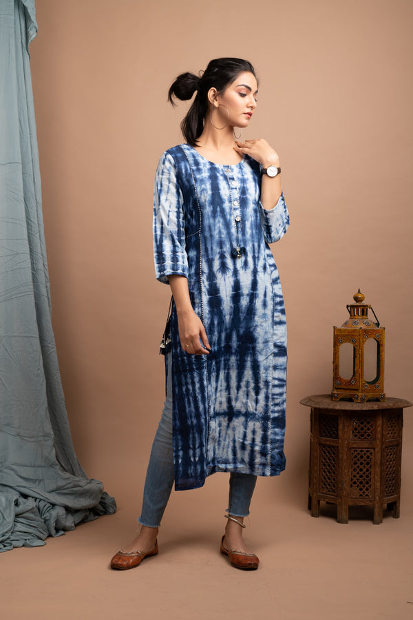 Kaajh Women's Blue Tie Dye Kurta - Distacart