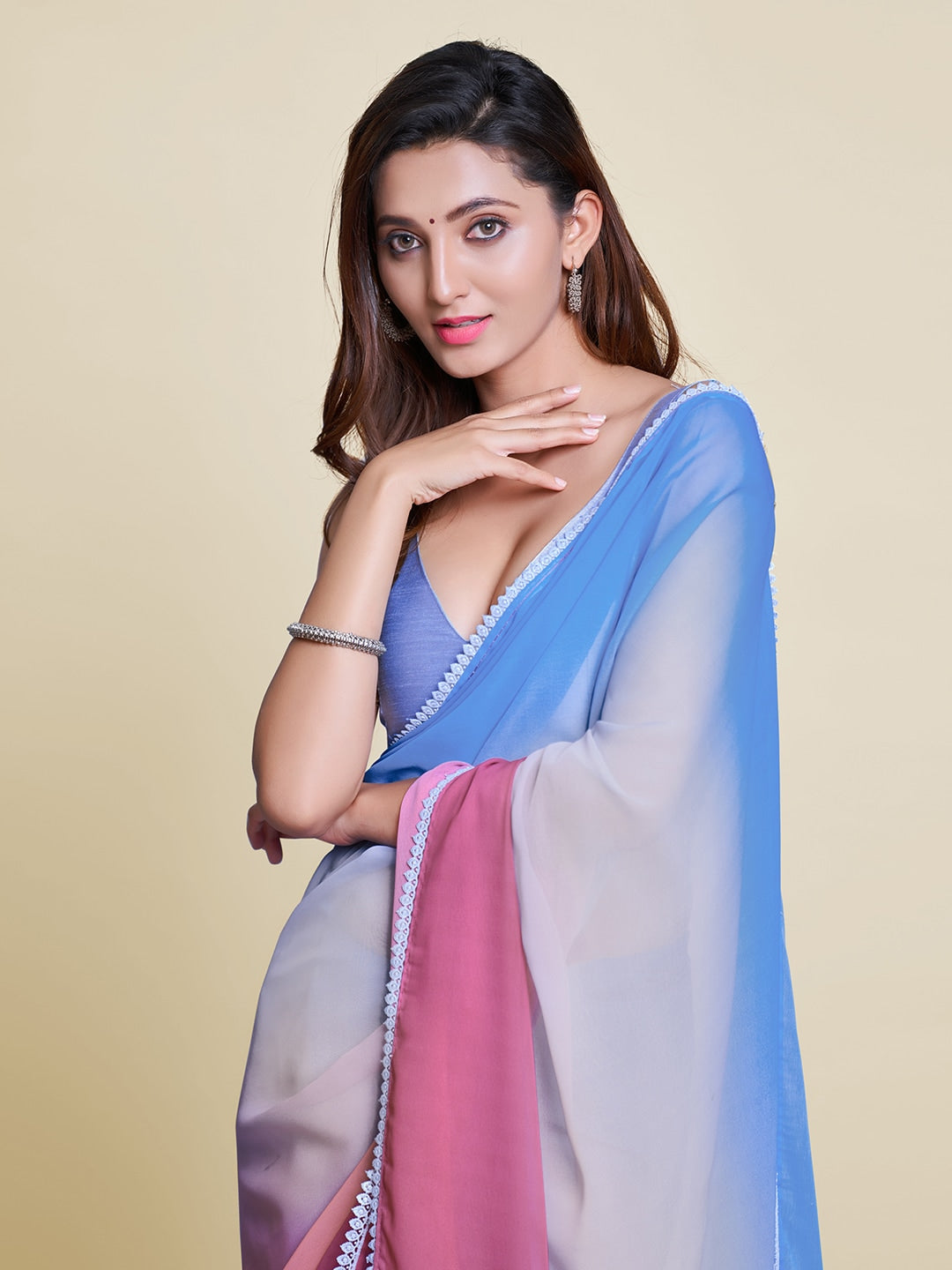 Mitera Pink & White Ombre Pure Chiffon Saree - Distacart