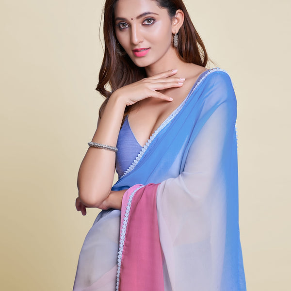 Mitera Pink & White Ombre Pure Chiffon Saree - Distacart