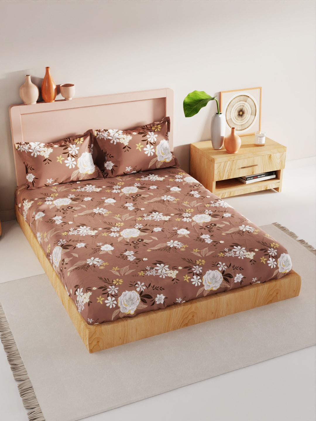 BIANCA Brown & White Floral 186 TC King Bedsheet with 2 Pillow Covers - Distacart