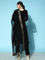 Thumbnail for Sangria Floral Yoke Design Jacquard Kurta with Trousers & With Dupatta - Distacart