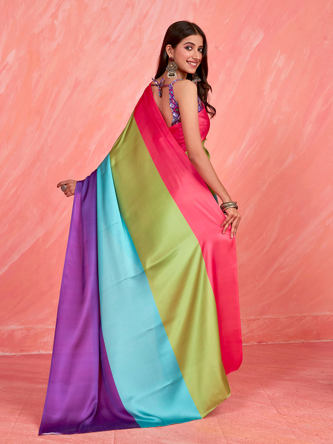 Sangria Colourblocked Satin Saree - Distacart
