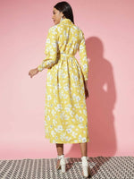 Thumbnail for Myshka Women Yellow Floral Rayon A-Line Shirt Collar Dress - Distacart