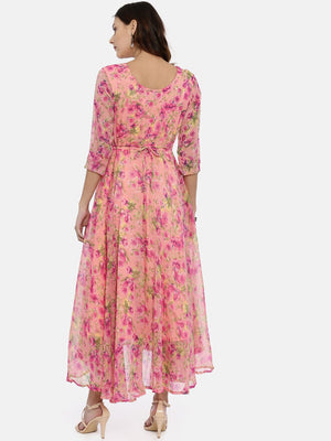 Souchii Pink & Yellow Floral Printed Fit & Flare Dress - Distacart