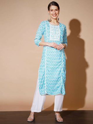 Myshka Women Blue Printed Kurtas - Distacart
