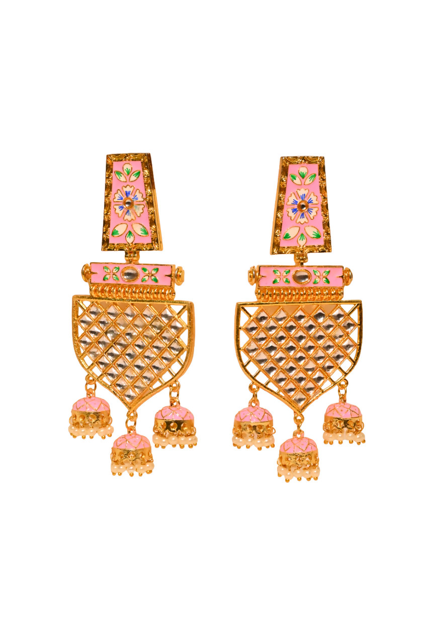 Traditional Gold-Plated Meenakari Pink Jhumka Jhumki Earrings By House of Ree - Distacart