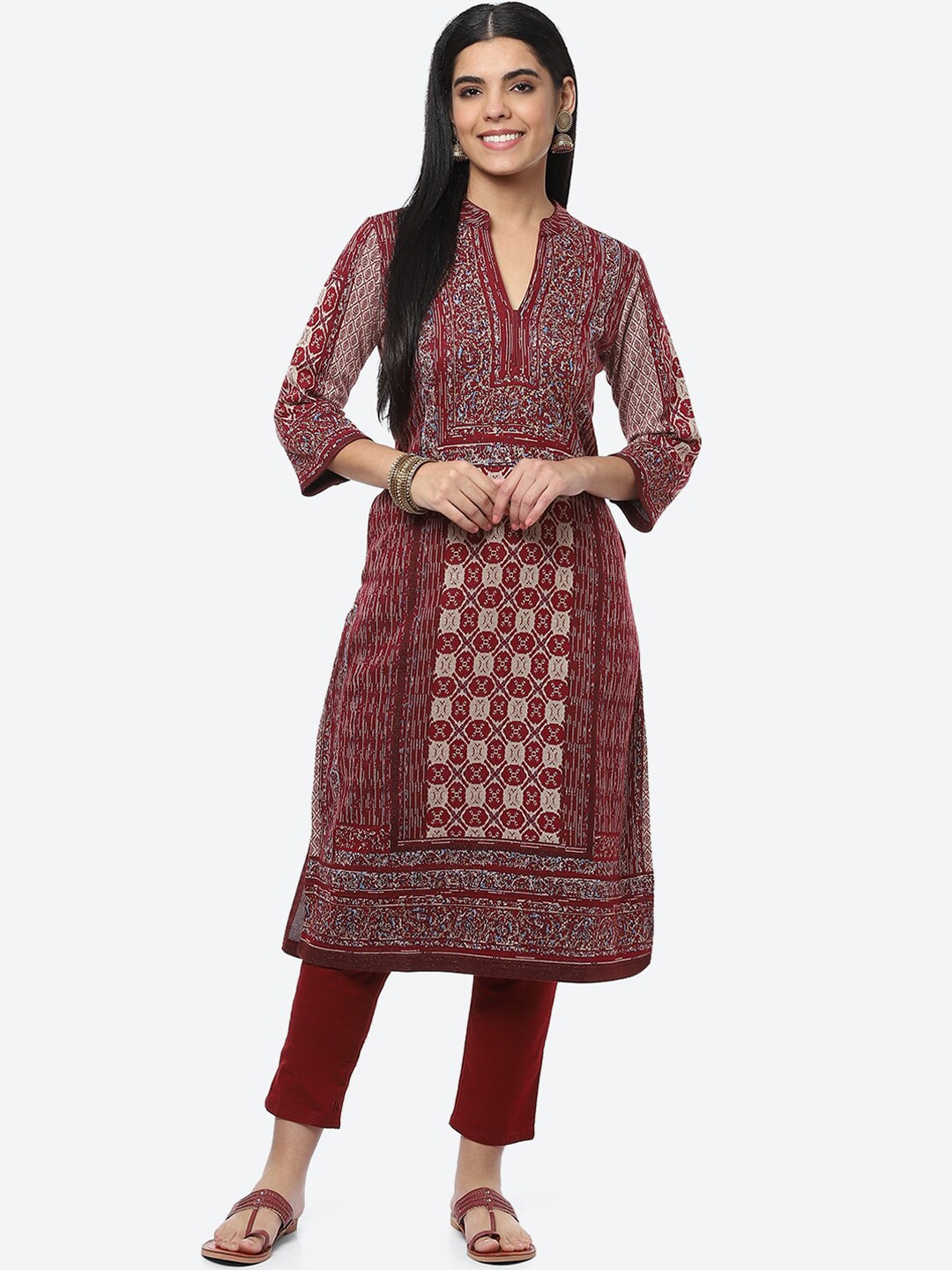 Biba Women Maroon Printed Straight Kurta - Distacart