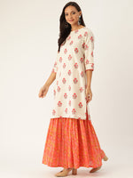 Thumbnail for Jaipur Kurti Women Off-White & Peach-Coloured Printed Kurta with Sharara & Dupatta - Distacart