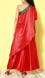 Thumbnail for InWeave Women's Red Green Brocade Satin Oneshoulder Kurta Set - Distacart