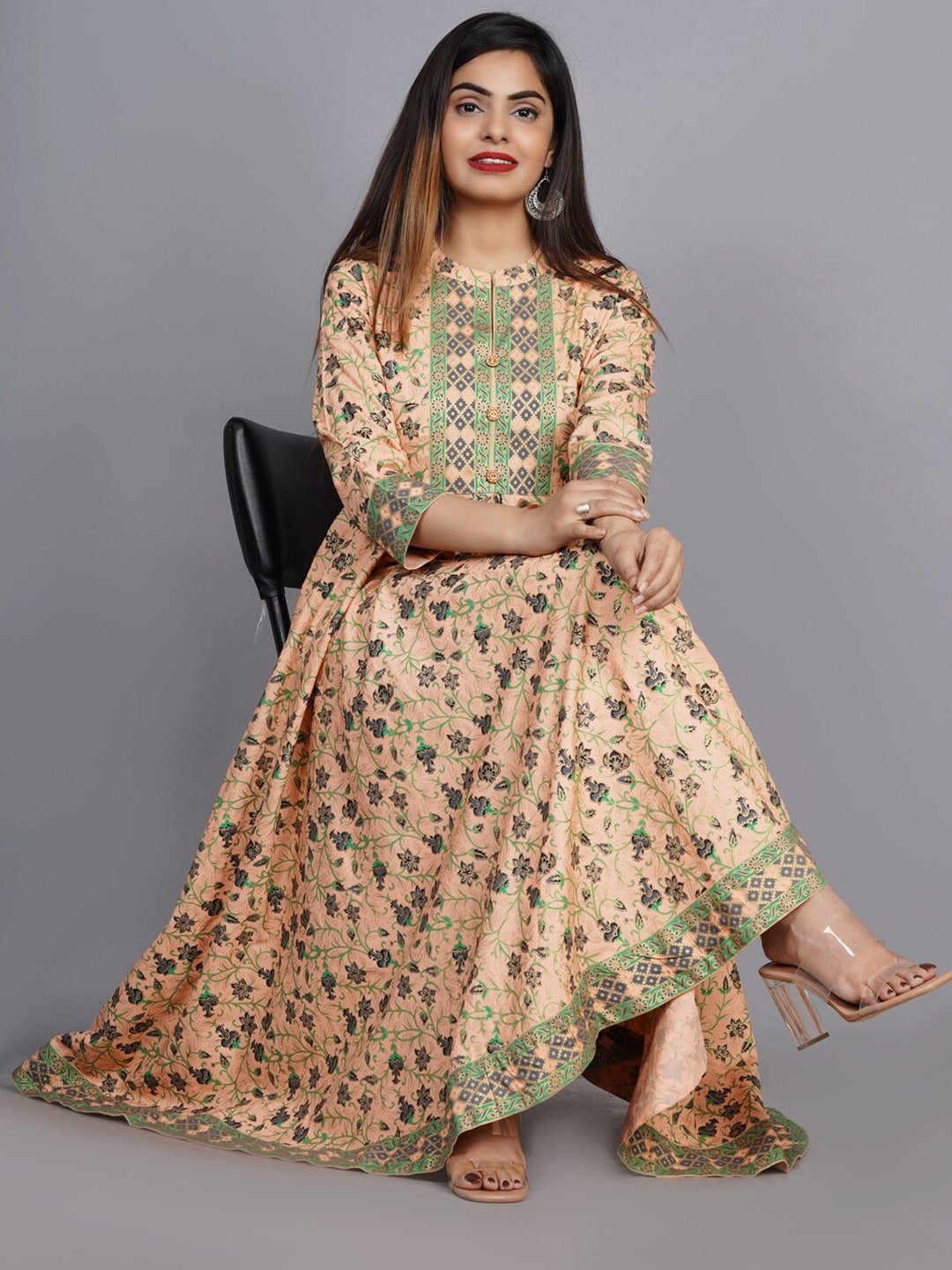 Kalini Women Coral Pink Floral Print Anarkali Kurta - Distacart