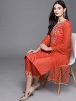 Thumbnail for Biba Women Orange Embroidered Kurta with Trousers & Dupatta - Distacart