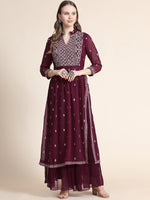 Thumbnail for Kalini Women Burgundy Floral Yoke Design Empire Silk Georgette Kurta with Sharara - Distacart