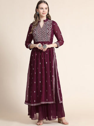 Kalini Women Burgundy Floral Yoke Design Empire Silk Georgette Kurta with Sharara - Distacart