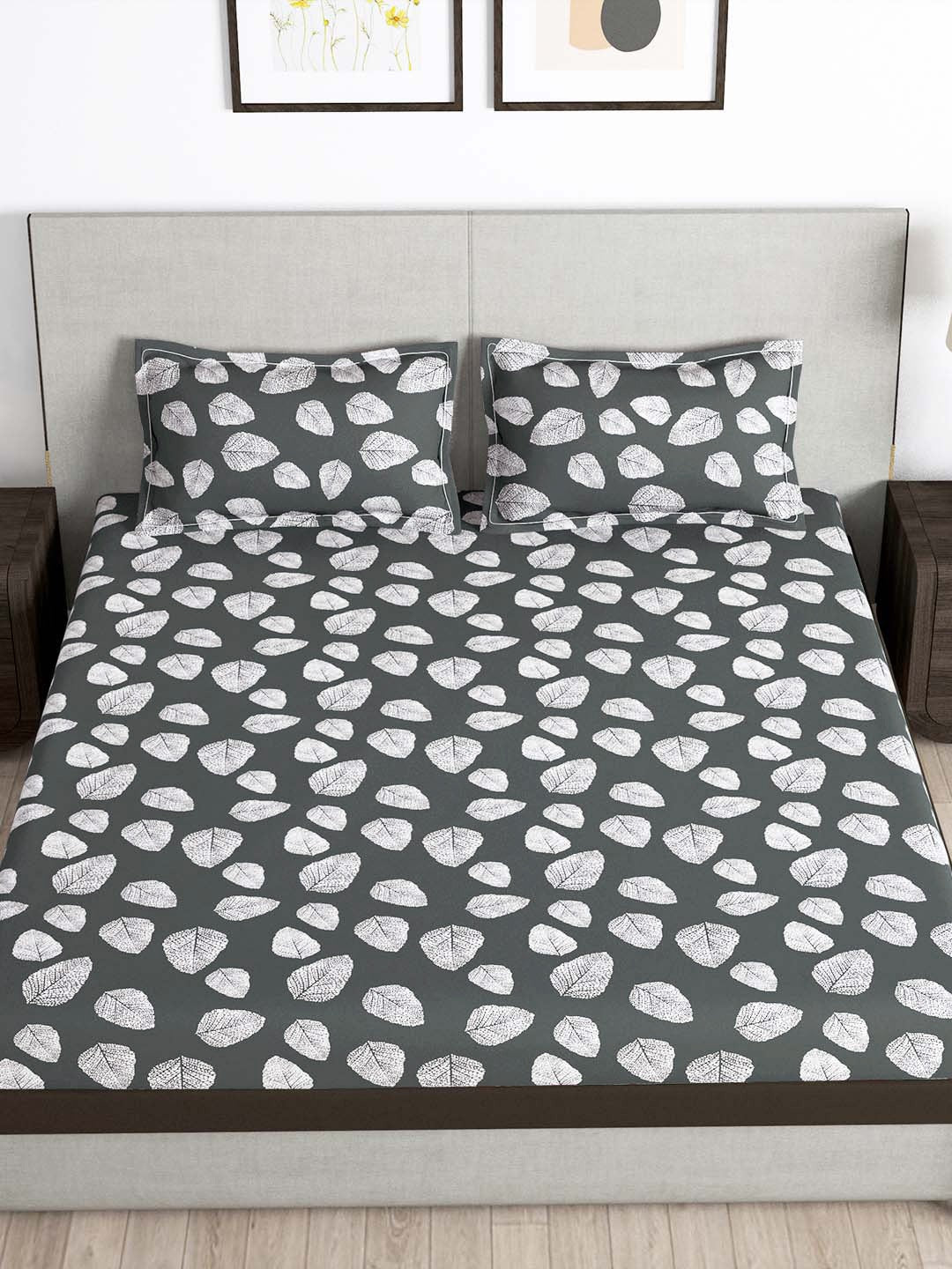 Story@home Arena Grey & White Floral Printed 180 TC Bedsheet & Pillow Covers - Distacart