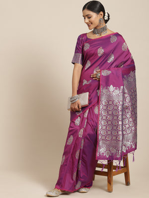 Saree Mall Magenta & Silver-Toned Floral Silk Blend Dharmavaram Saree - Distacart