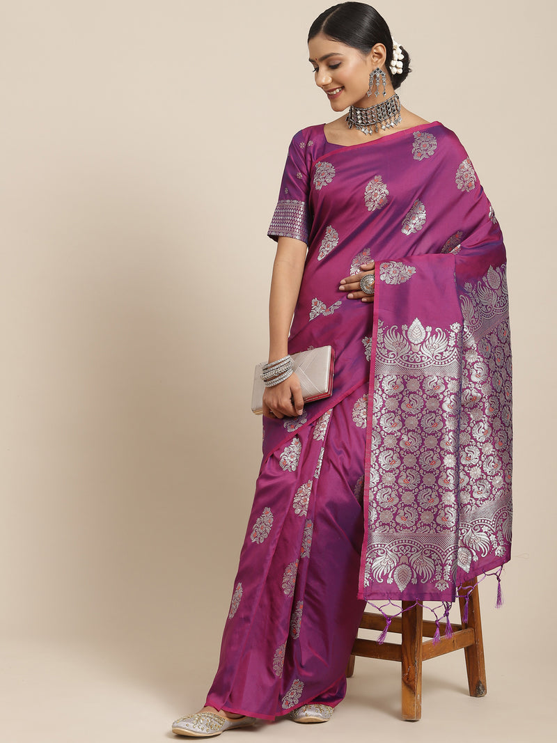 Saree Mall Magenta &amp; Silver-Toned Floral Silk Blend Dharmavaram Saree - Distacart