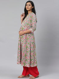 Thumbnail for Anayna Women Blue & Pink Floral Printed Pure Cotton Feeding Maternity A-Line Kurta - Distacart