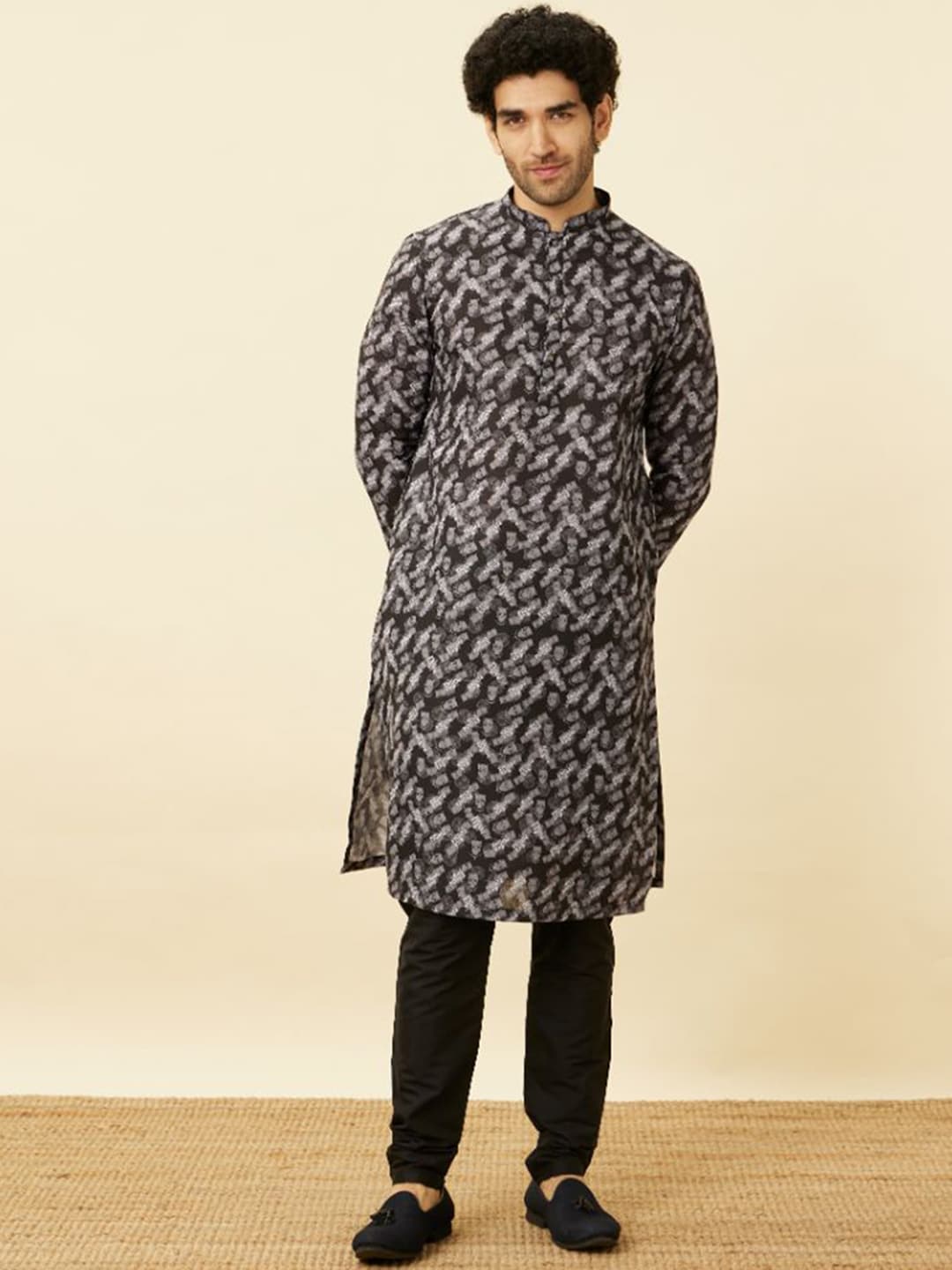 Manyavar Black Panther Printed Mandarin Collar Kurta and Churidar - Distacart