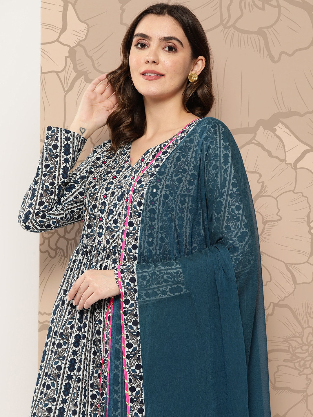 Kalini Women Floral Printed Empire Pure Cotton Kurti with Palazzos & With Dupatta - Distacart