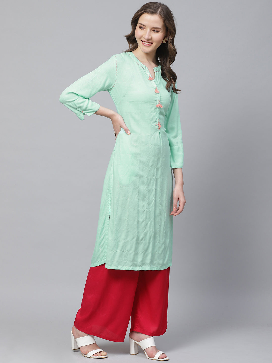 Biba Women Blue & Silver Checked Straight Kurta - Distacart