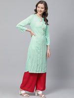 Thumbnail for Biba Women Blue & Silver Checked Straight Kurta - Distacart