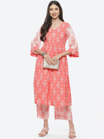 Thumbnail for Biba Women Peach-Coloured Floral Printed Pleated Pure Cotton Kurta with Trousers - Distacart