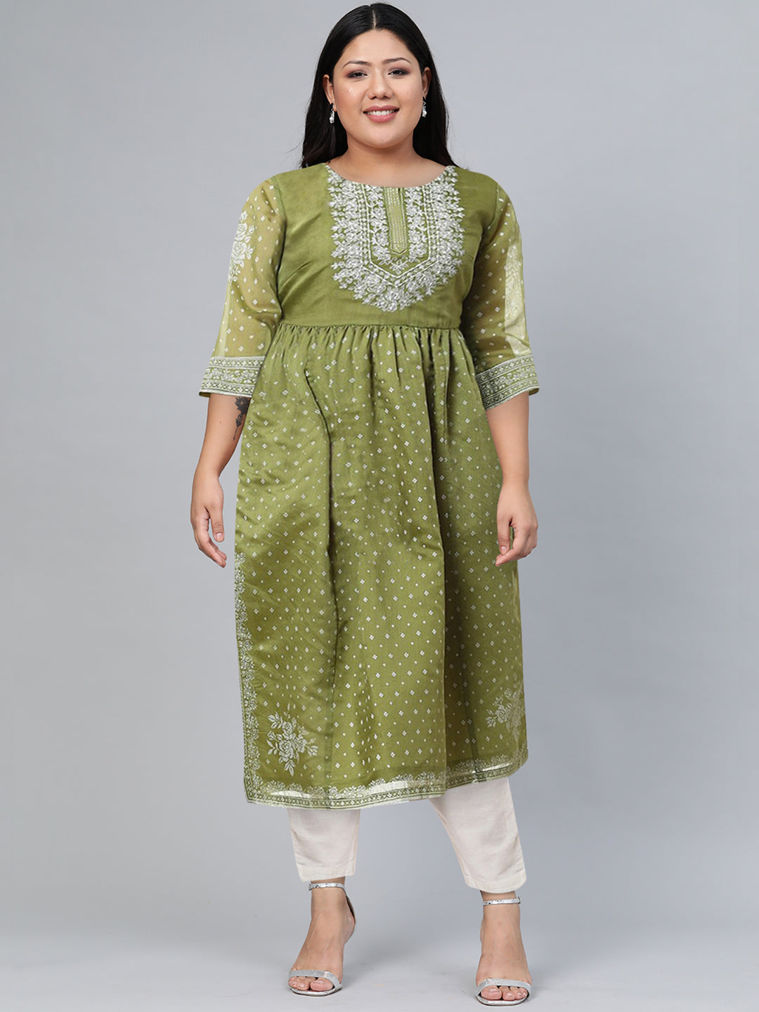 Biba Women Green Ethnic Motifs Printed Flared Sleeves Thread Work Anarkali Kurta - Distacart