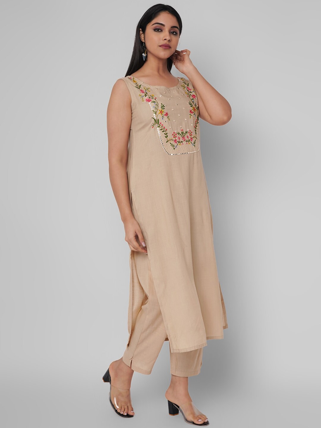 Kalini Women Beige Yoke Design Mirror Work Kurta with Trousers - Distacart