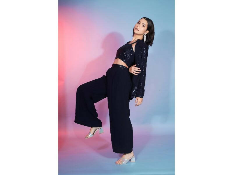 Navy Georgette Sequence With Thread Designer Co-Ord Set - Flory - Distacart