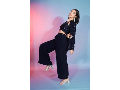 Navy Georgette Sequence With Thread Designer Co-Ord Set - Flory - Distacart