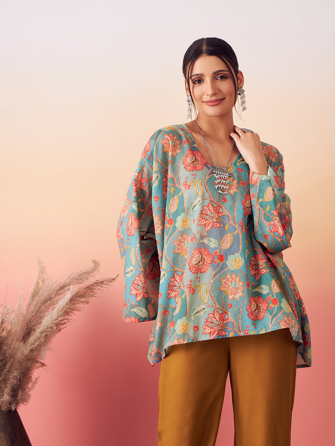 InWeave Women's Light Blue Floral Digital Print Kaftan Boho Top - Distacart