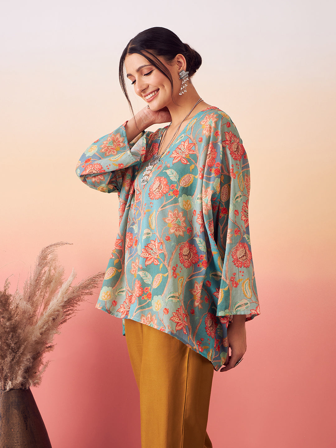 InWeave Women's Light Blue Floral Digital Print Kaftan Boho Top - Distacart