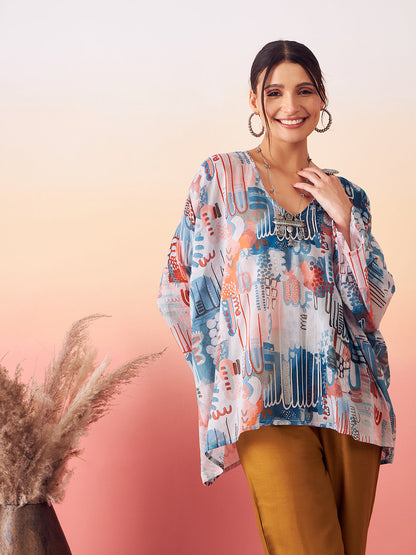 InWeave Women's Powder Blue Digital Print Kaftan Boho Top - Distacart