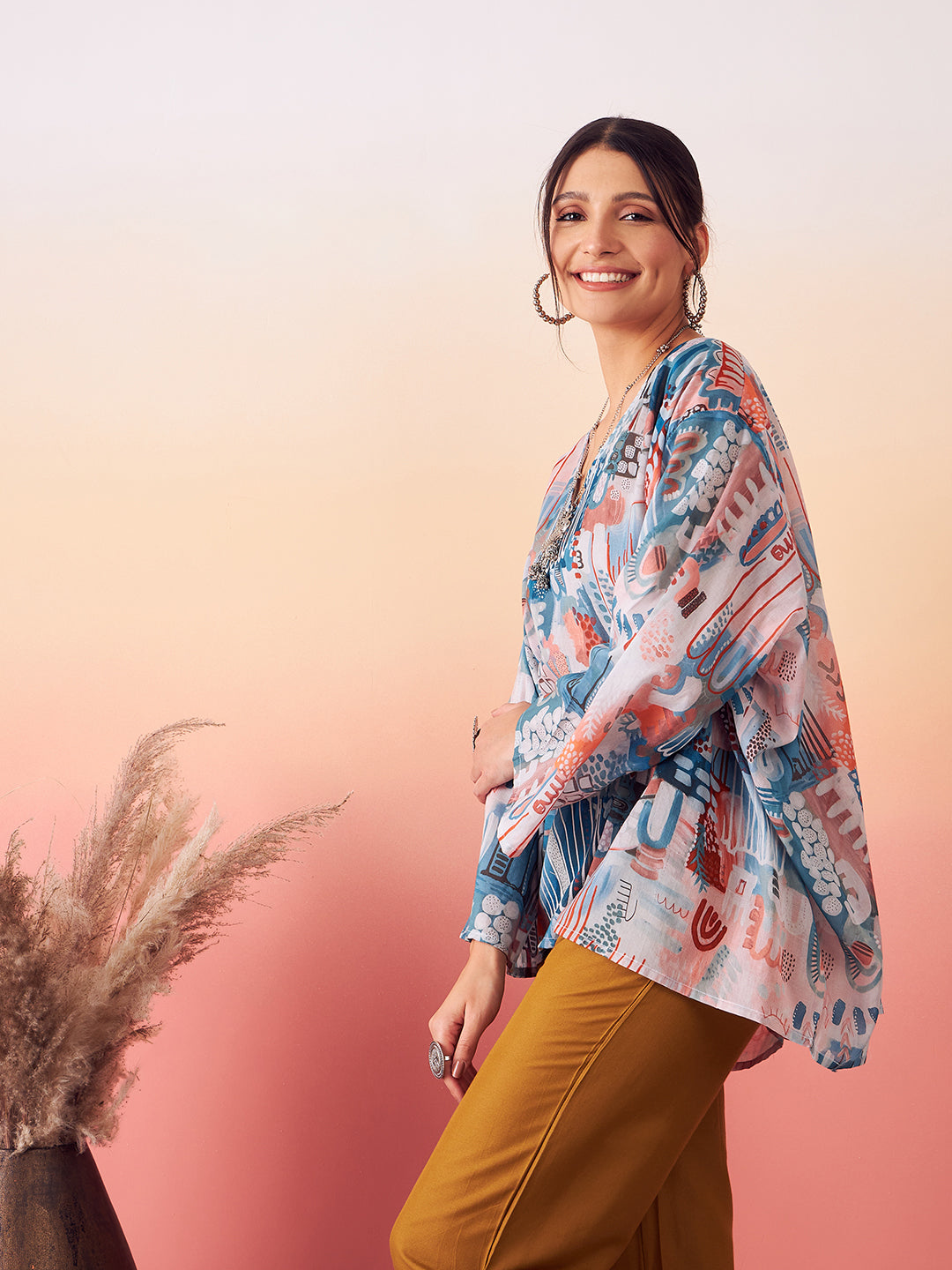 InWeave Women's Powder Blue Digital Print Kaftan Boho Top - Distacart