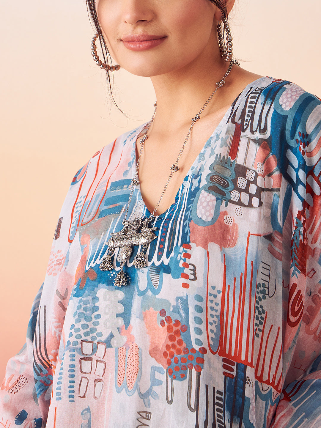 InWeave Women's Powder Blue Digital Print Kaftan Boho Top - Distacart
