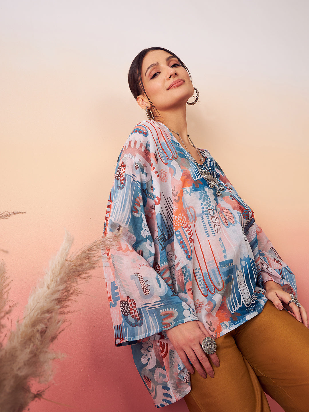 InWeave Women's Powder Blue Digital Print Kaftan Boho Top - Distacart