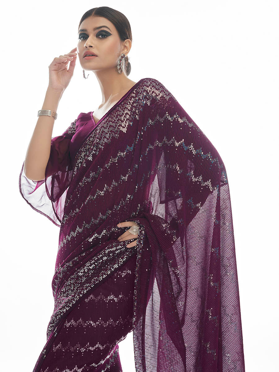 Myra Wine Georgette Embroidered Designer Saree - Distacart