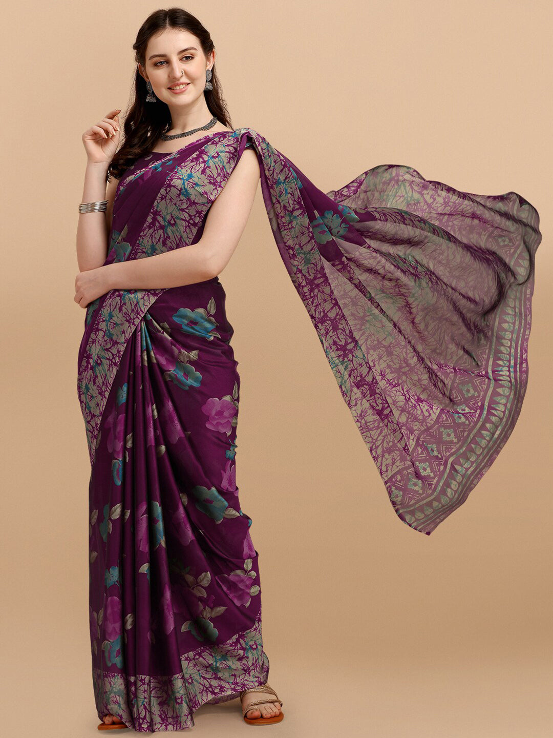 Kalini Purple & Blue Floral Printed Saree - Distacart
