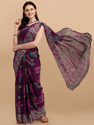 Kalini Purple & Blue Floral Printed Saree - Distacart