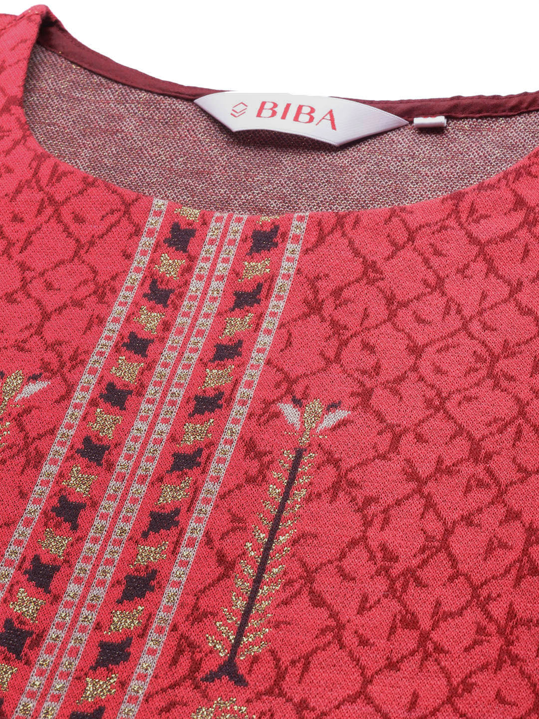 Biba Women Red & Golden Self Design Kurta - Distacart