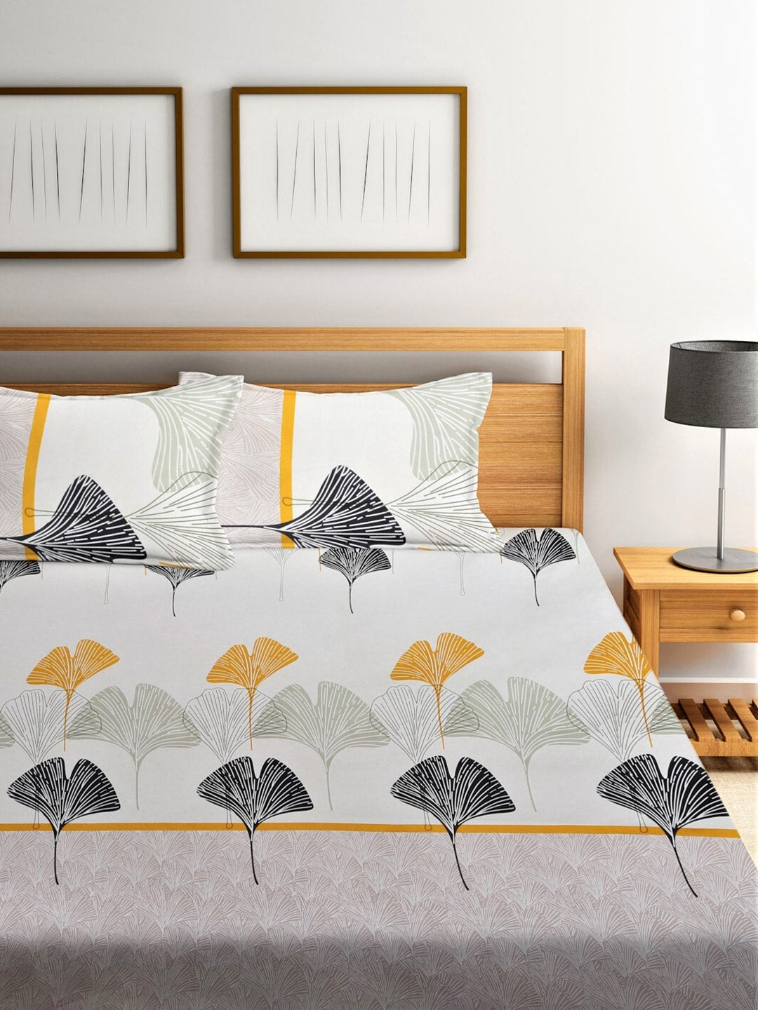 Home Sizzler Grey & Yellow Floral 210 TC Queen Bedsheet with 2 Pillow Covers - Distacart